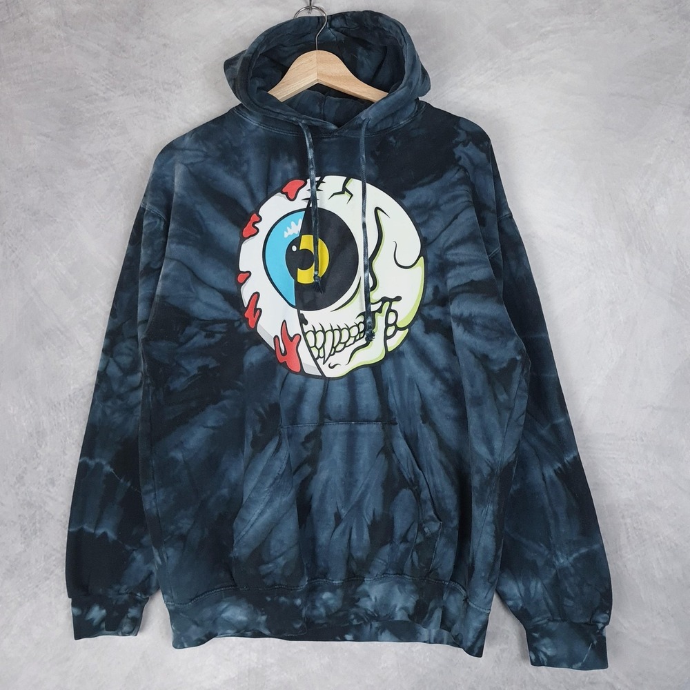 Mishka Hoodie Mens Medium Blue Eyeball Skull Graphic Tie Dye Pullover Sweatshirt
